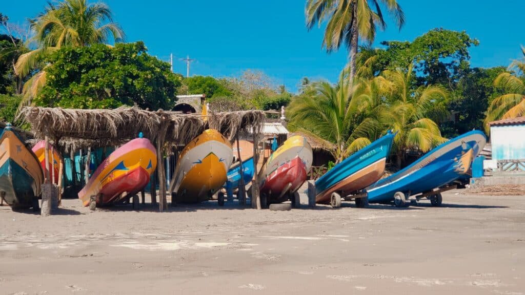 Barcos coloridos estacionados na areia da praia, ao entorno palmeiras em um dia de céu azul. 