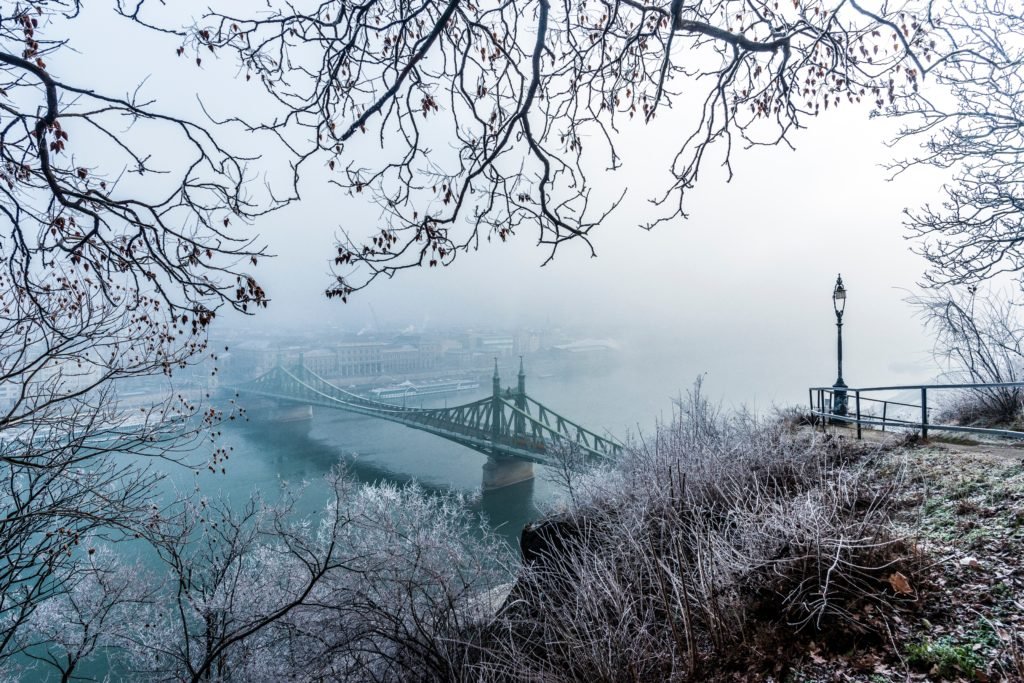 Ponte preta em um dia nublado para ilustrar o post sobre seguro viagem Hungria. Há algumas árvores emoldurando a foto, que foi tirada de longe e também mostra o rio Danúbio passando por baixo da ponte. - Foto: Daniel Olah via Unsplash