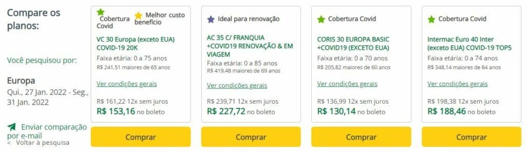 Quadro comparando planos de seguro viagem Caribe.