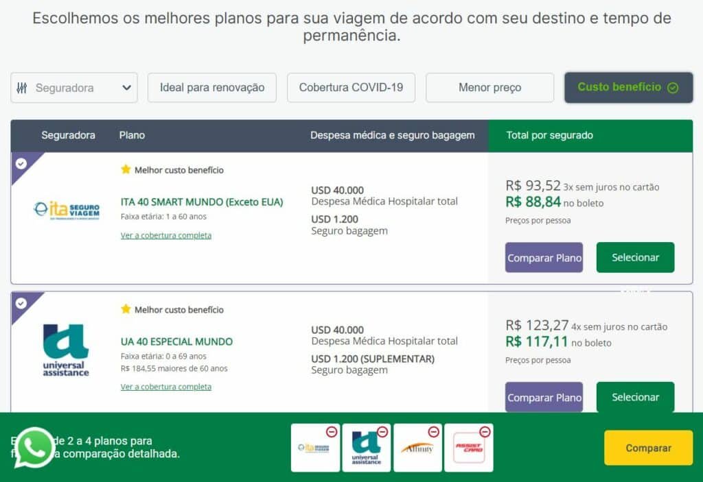 Tela da Seguros Promo mostrando opções de seguro viagem França