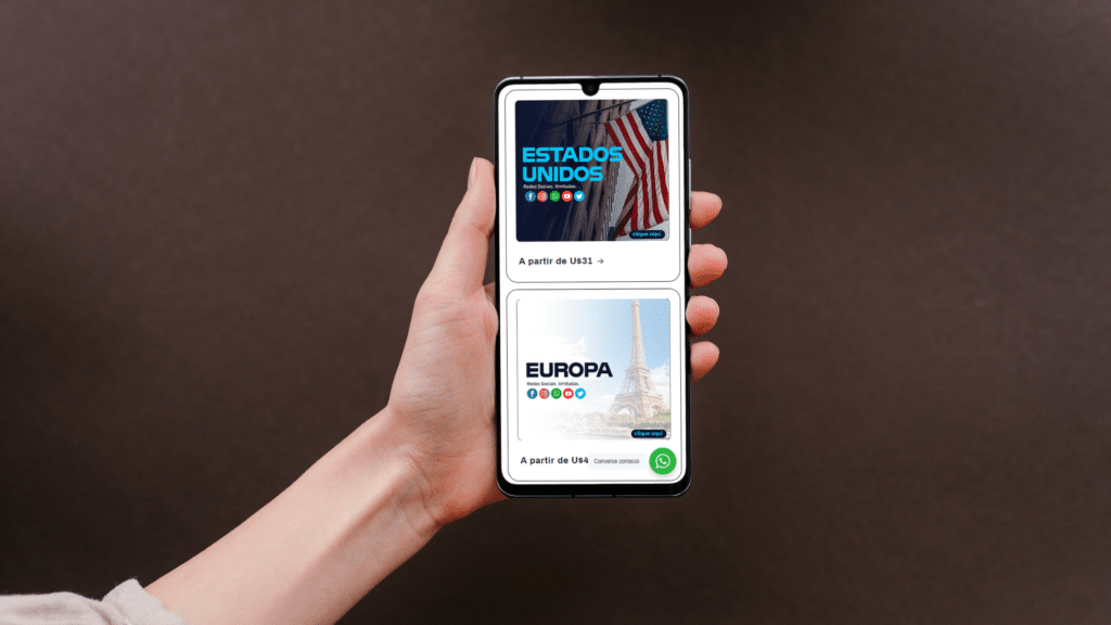 mão feminina branca esquerda segurando um celular android com a tela virada para a câmera, onde é possível ver alguns planos de chip internacional da Woofi